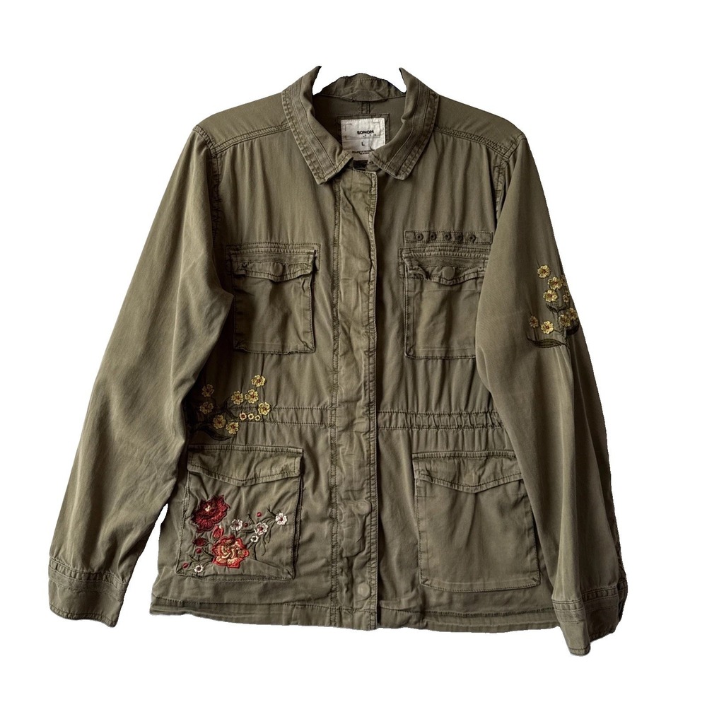 Sonoma Embroidered Floral Utility Olive Green Jacket L Military Grunge Cargo